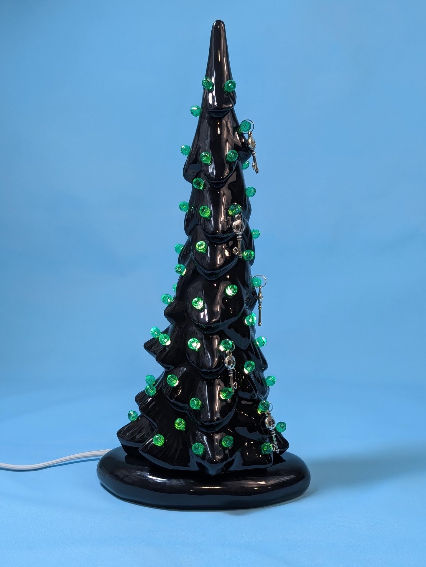 Spooky Black Skeleton Key Halloween Tree with Eerie Green Illumination - Gothic Ceramic Decor