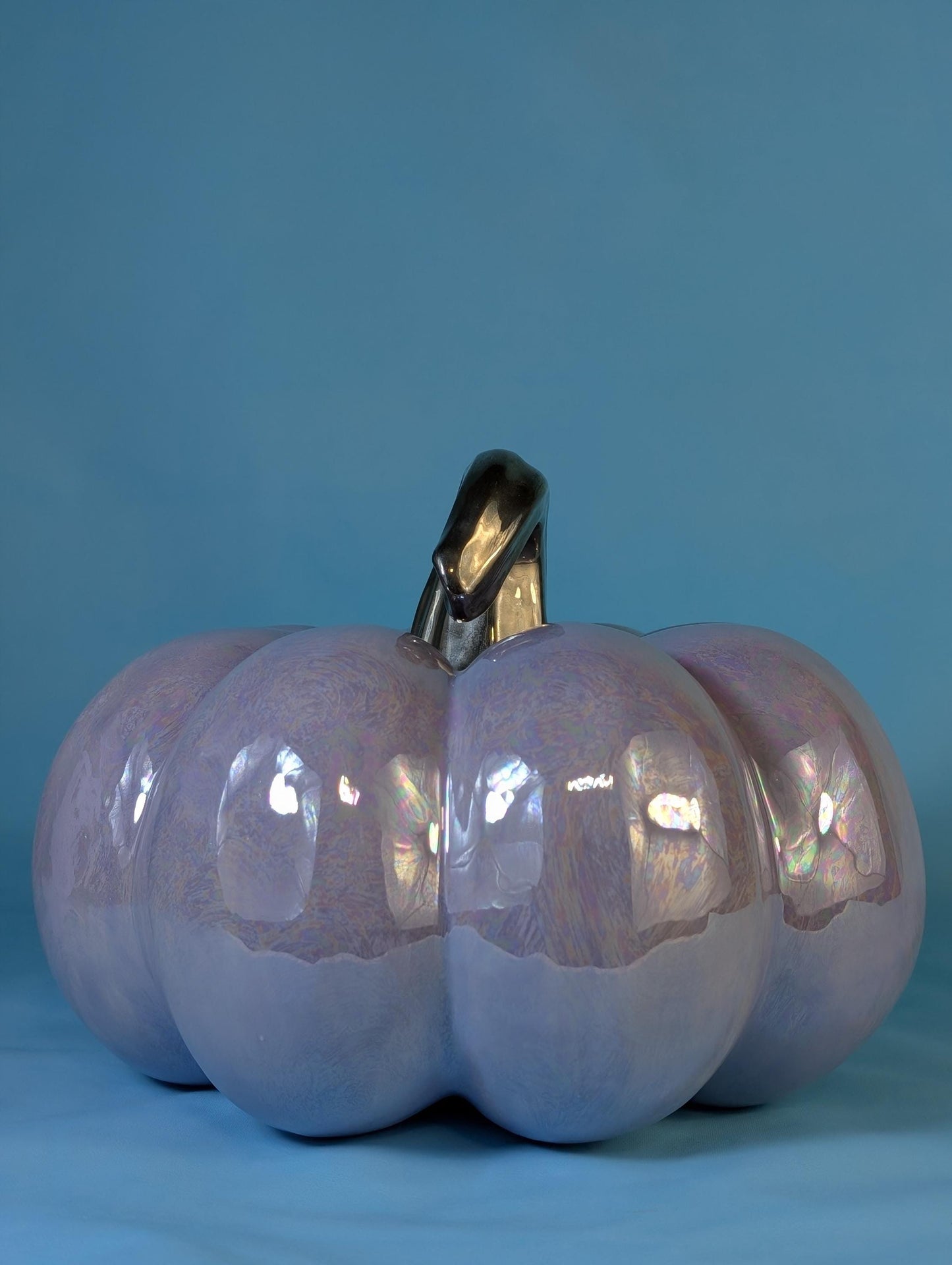 Elegant Light Purple Mother of Pearl Silver Stemmed Pumpkin - Unique Halloween Decor & Gift