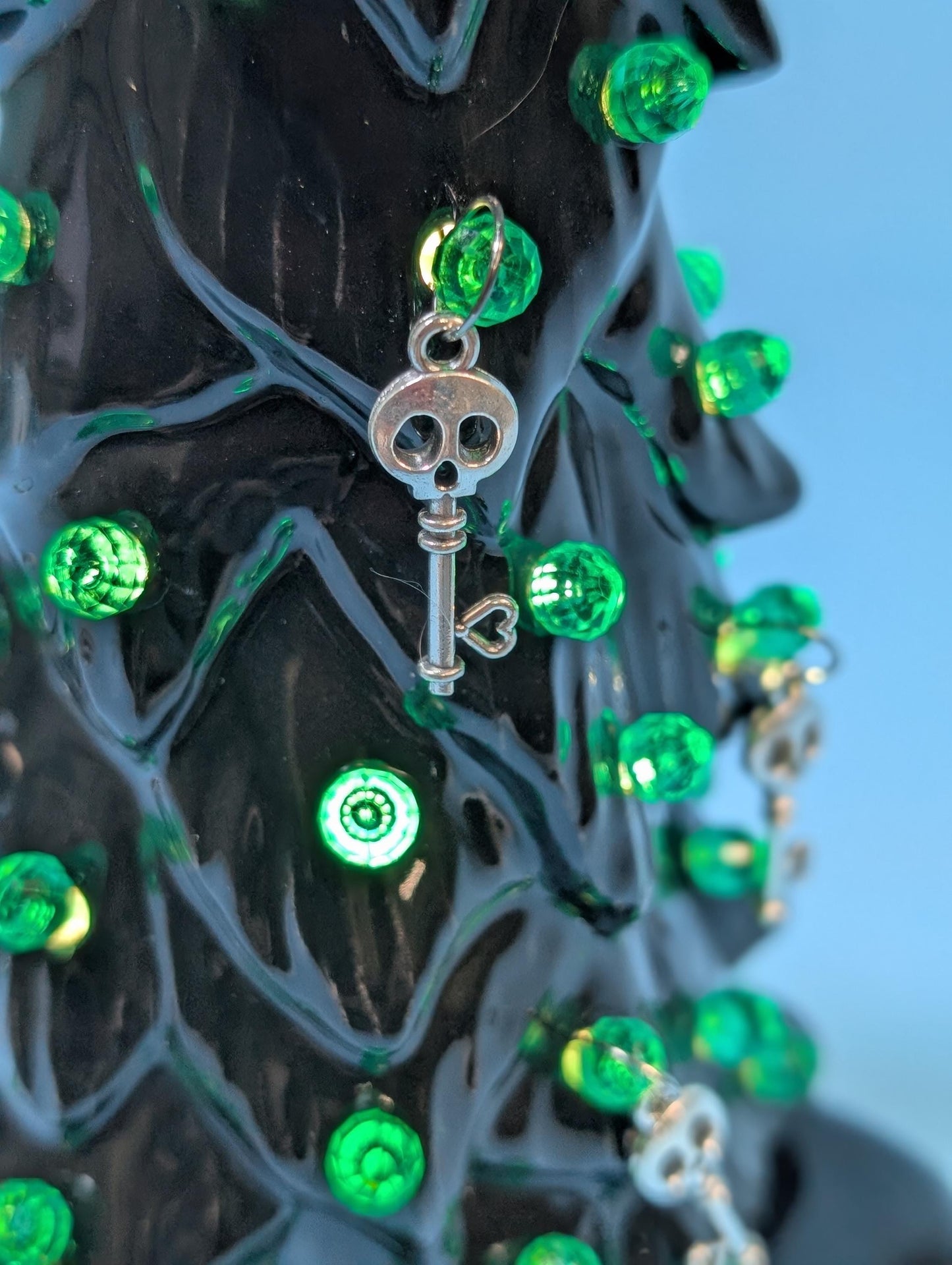 Spooky Black Skeleton Key Halloween Tree with Eerie Green Illumination - Gothic Ceramic Decor