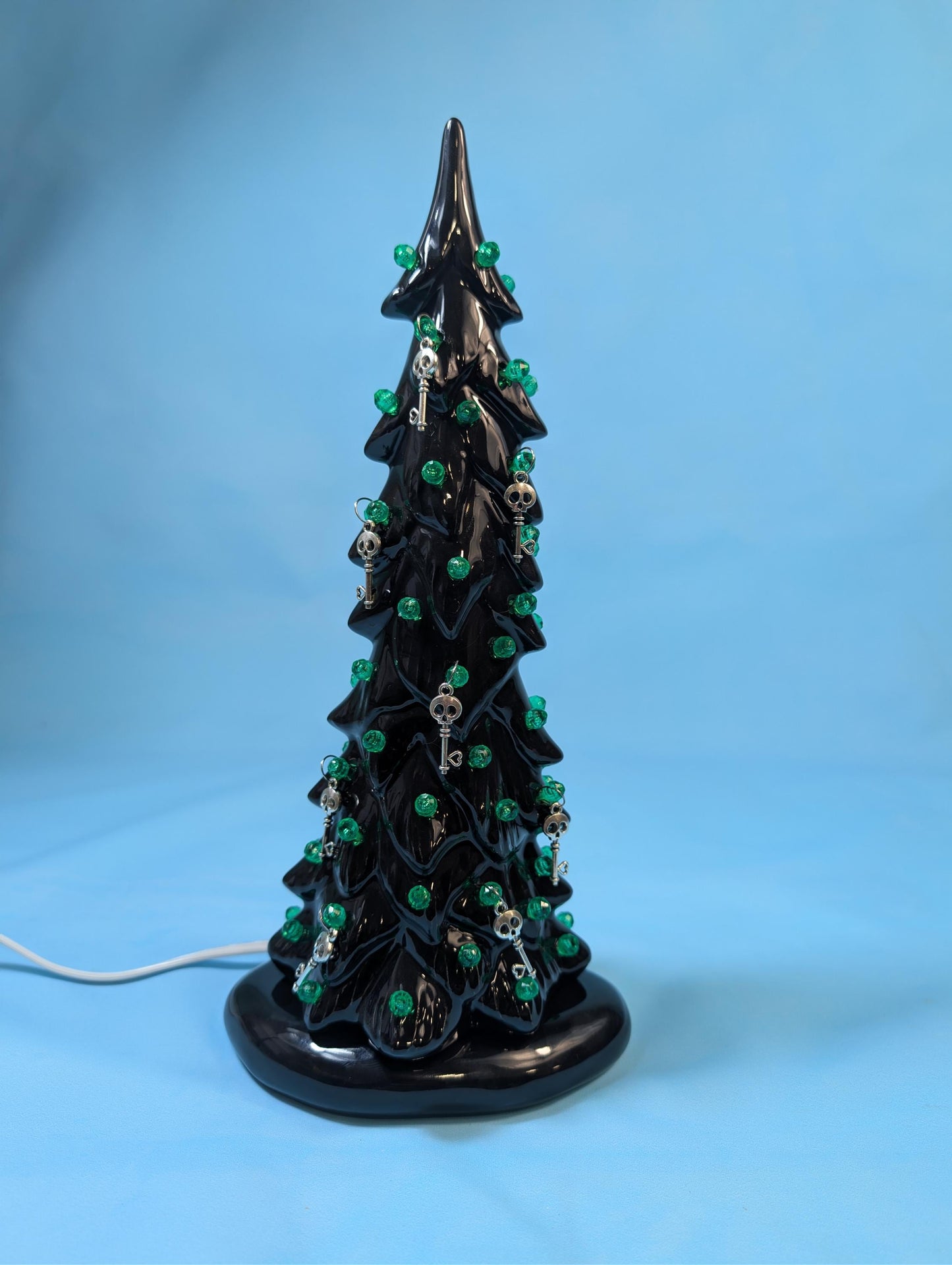 Spooky Black Skeleton Key Halloween Tree with Eerie Green Illumination - Gothic Ceramic Decor