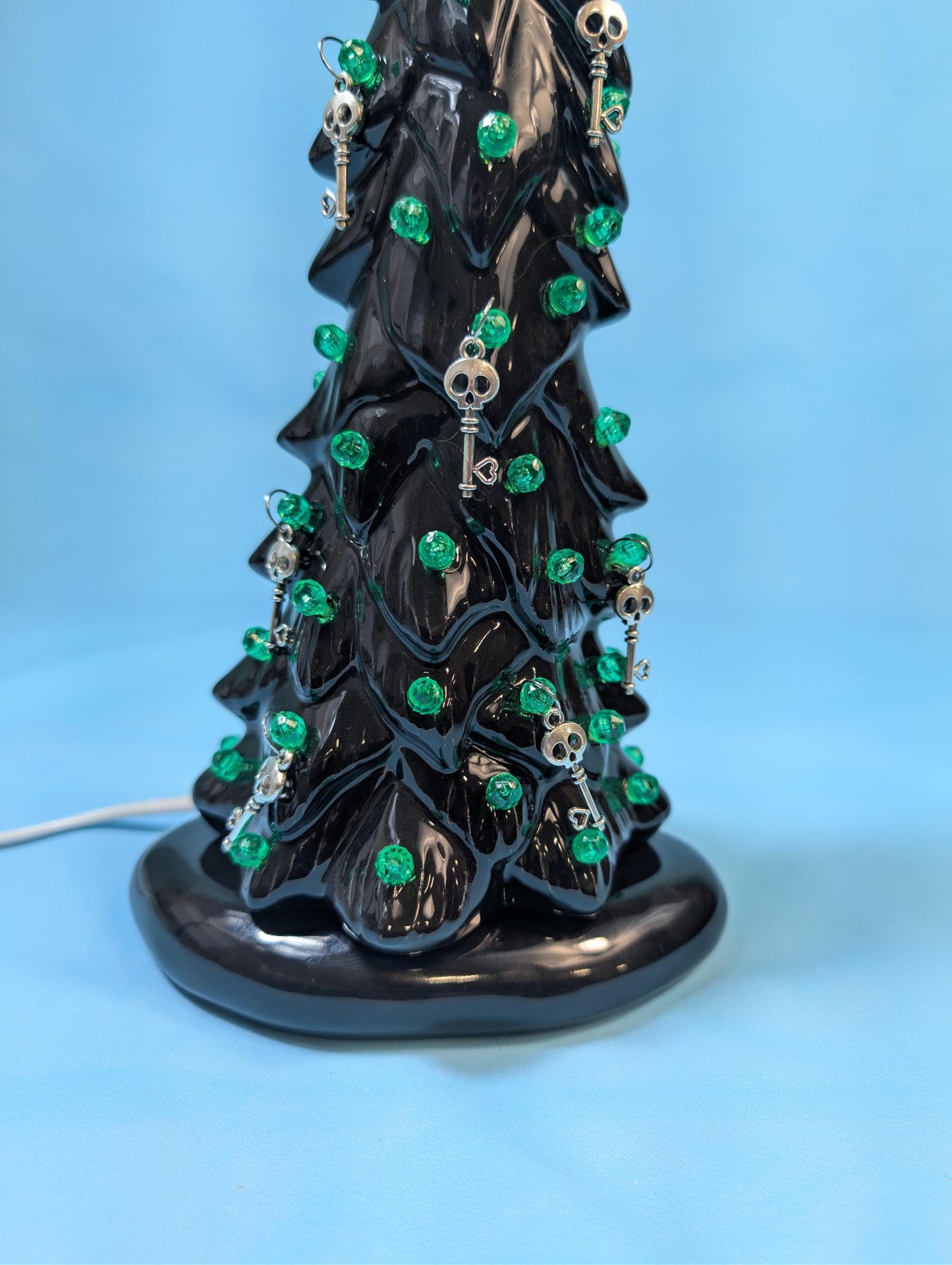 Spooky Black Skeleton Key Halloween Tree with Eerie Green Illumination - Gothic Ceramic Decor