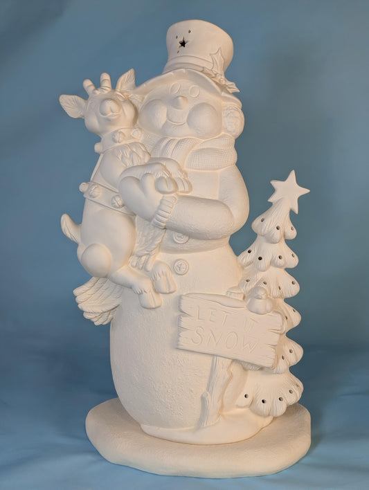 Tall Ceramic Chrome Snowman with Lighted Tree Reindeer Christmas Holiday Winter Decoration Vintage Retro Style Gift