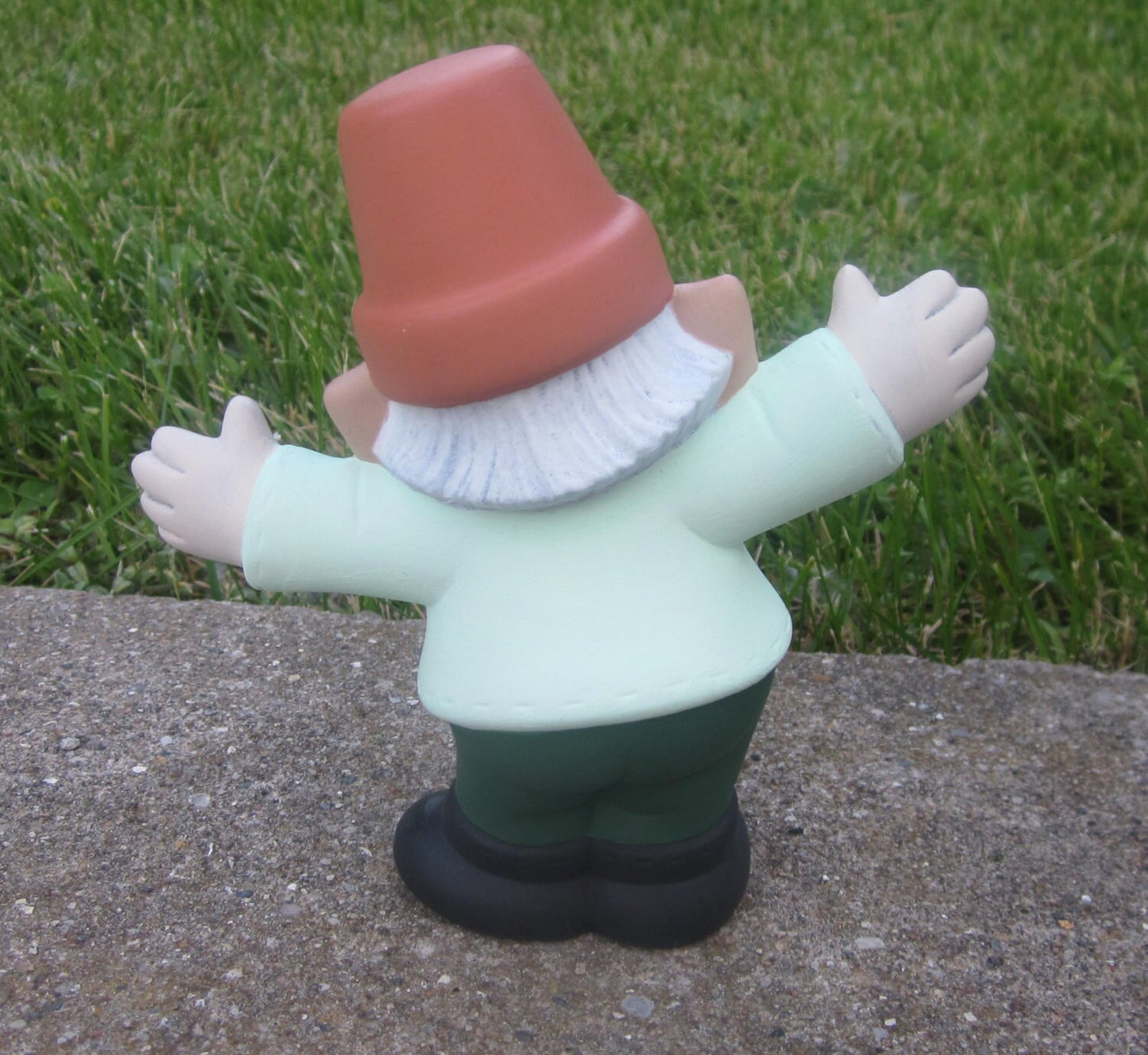 Ceramic Garden Gnome statue, welcoming arms, cute gnome statue, yard art gnome with a  flower pot hat