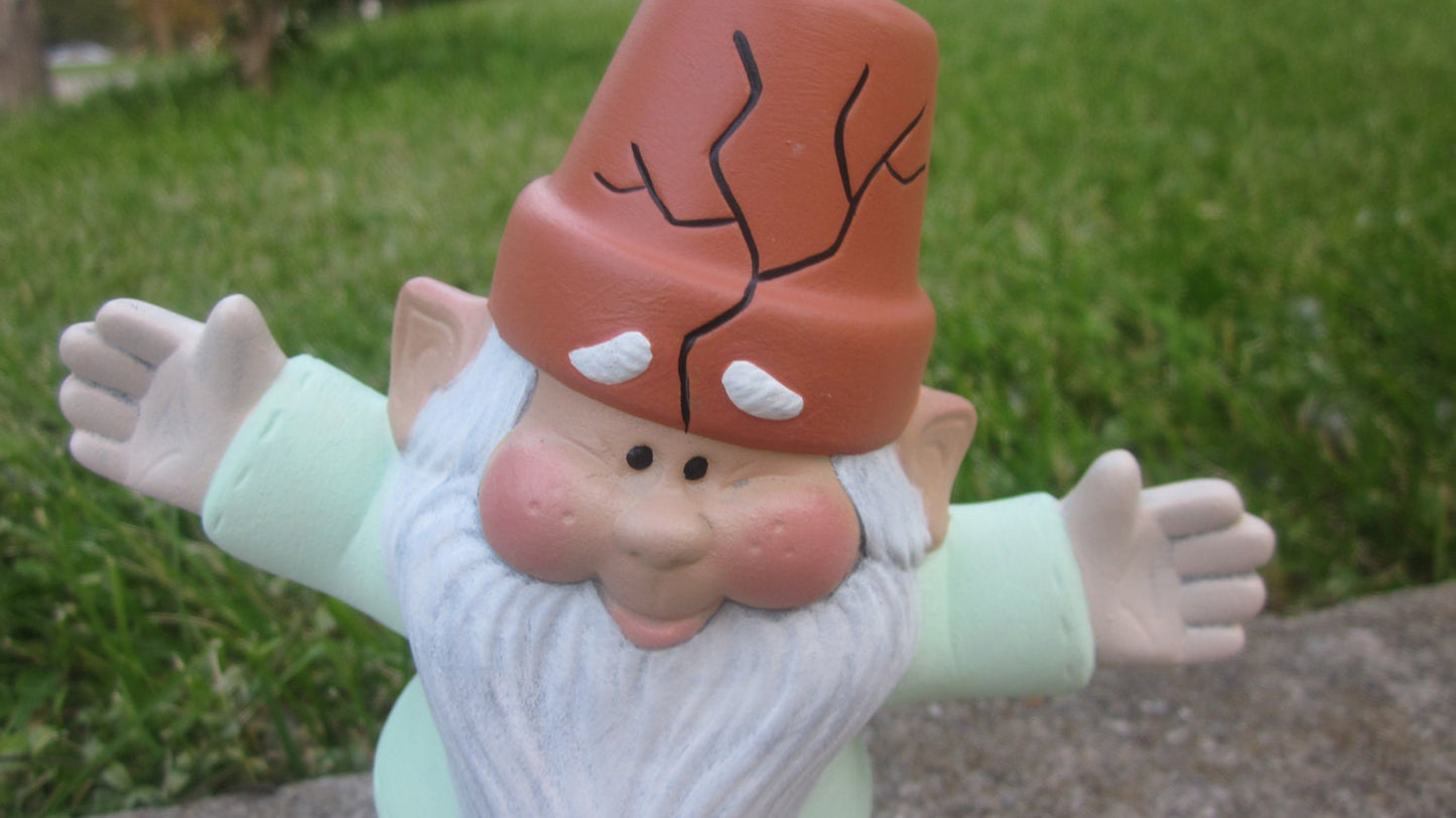 Ceramic Garden Gnome statue, welcoming arms, cute gnome statue, yard art gnome with a  flower pot hat