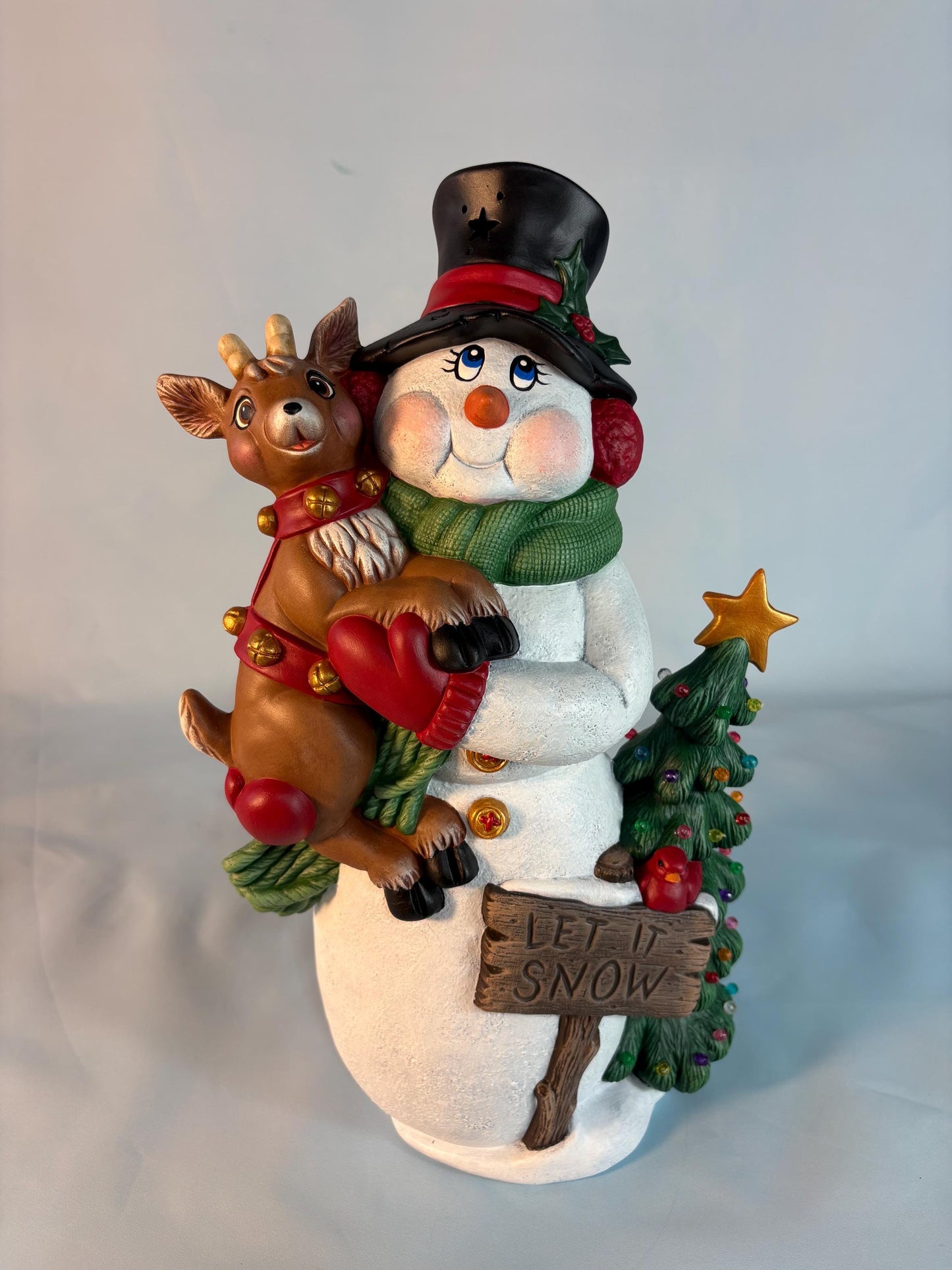 Lighted Ceramic Snowman with Reindeer, Christmas Tree, Holiday Diorama (13.75" Tall)