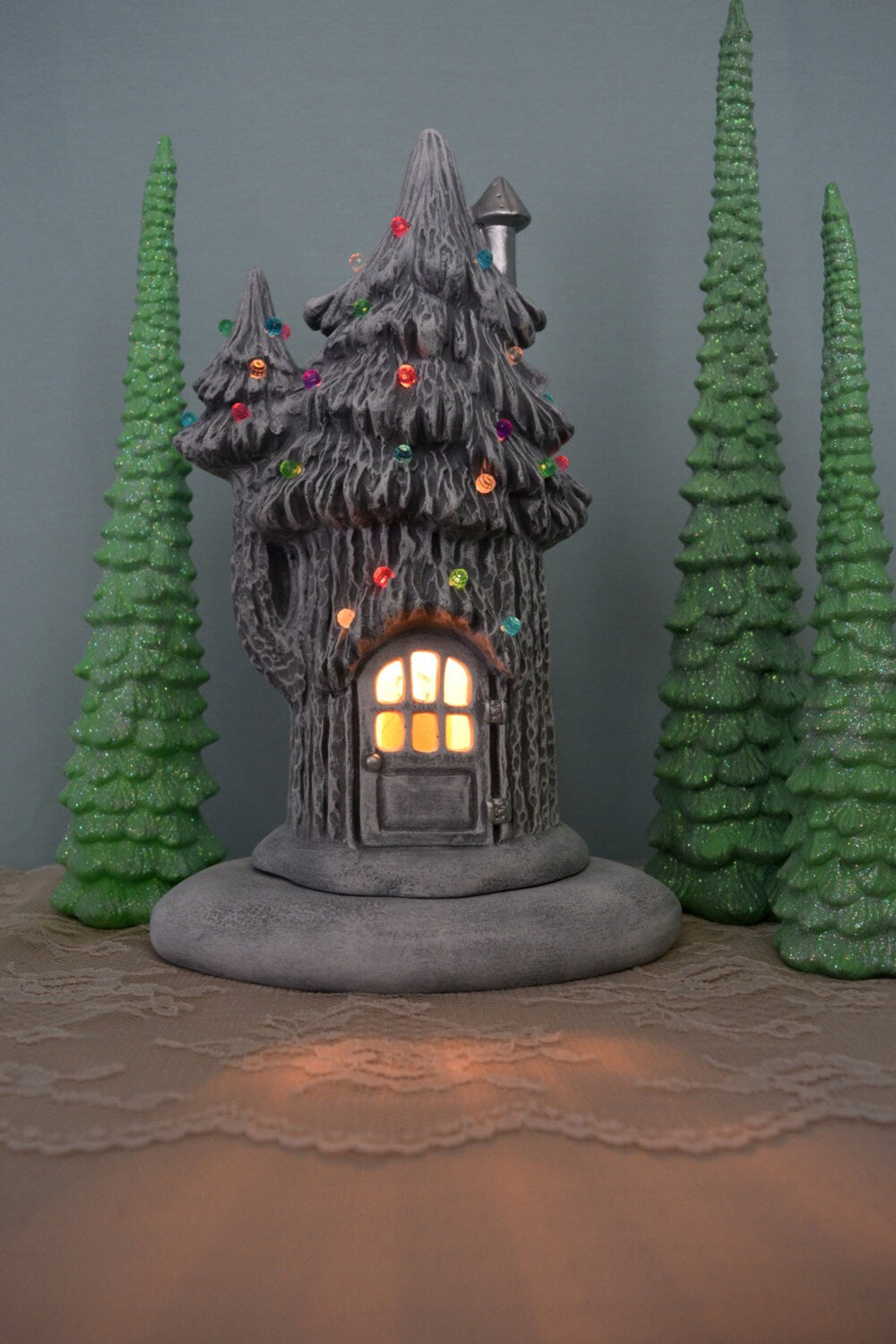 Enchanting Ceramic Fairy Garden House: Lighted Winter Cottage for Miniature Village & Christmas Decor