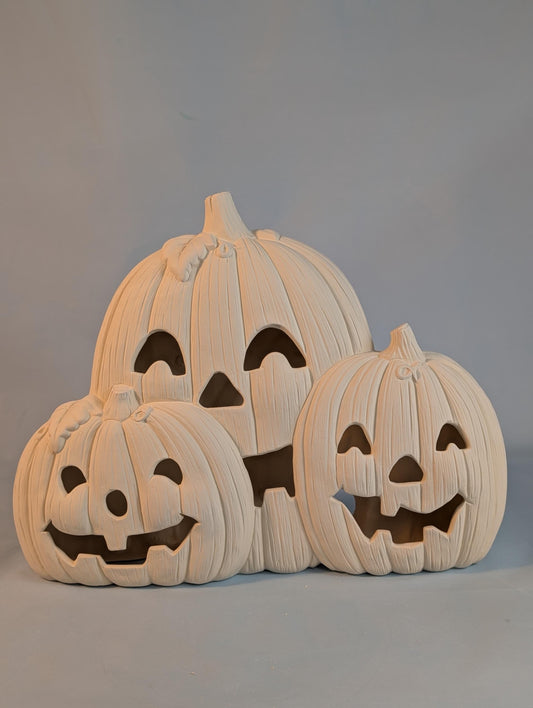 Unpainted 11 inch Ceramic Pumpkin Trio | DIY Light-Up Jack-O'-Lantern Bisque | Halloween Paint Kit | Ready to Ship