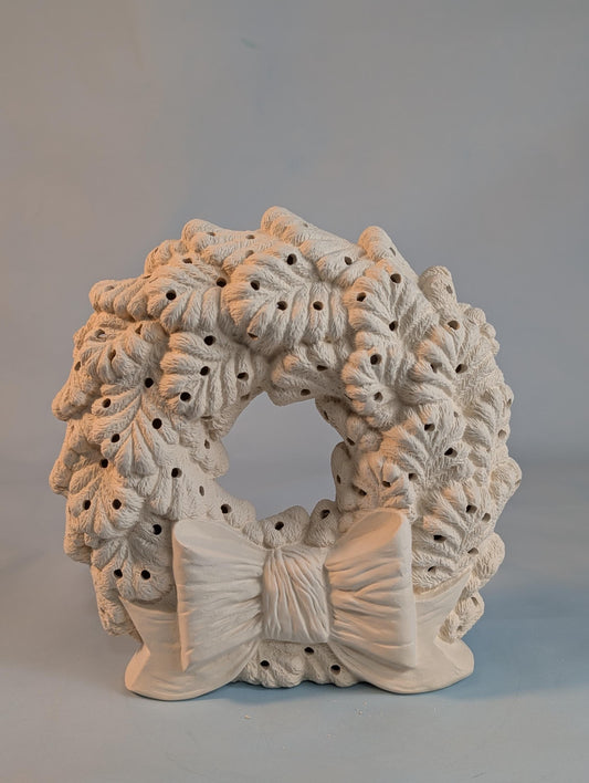 Unpainted 8 in Ceramic Wreath with Bow | DIY Light-Up Holiday Wreath Bisque | Christmas Paint Kit - Teresa's Ceramics