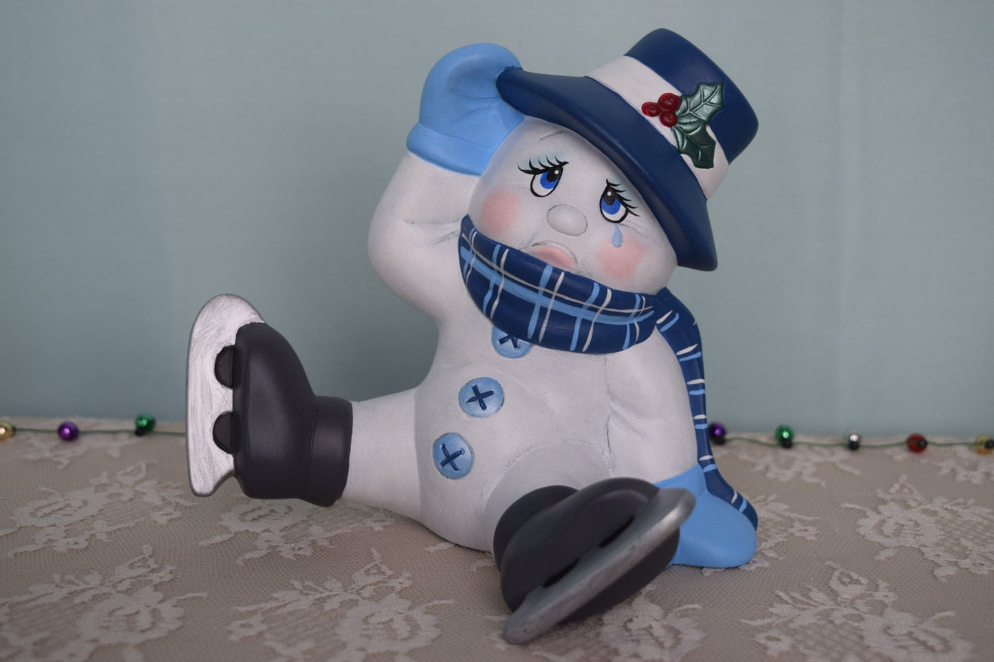 Snowman decor - Ceramic snowman - Snowman with ice skates - Snowman with scarf and tophat -crying snowman - falling down snowman - gift idea - Teresa's Ceramics