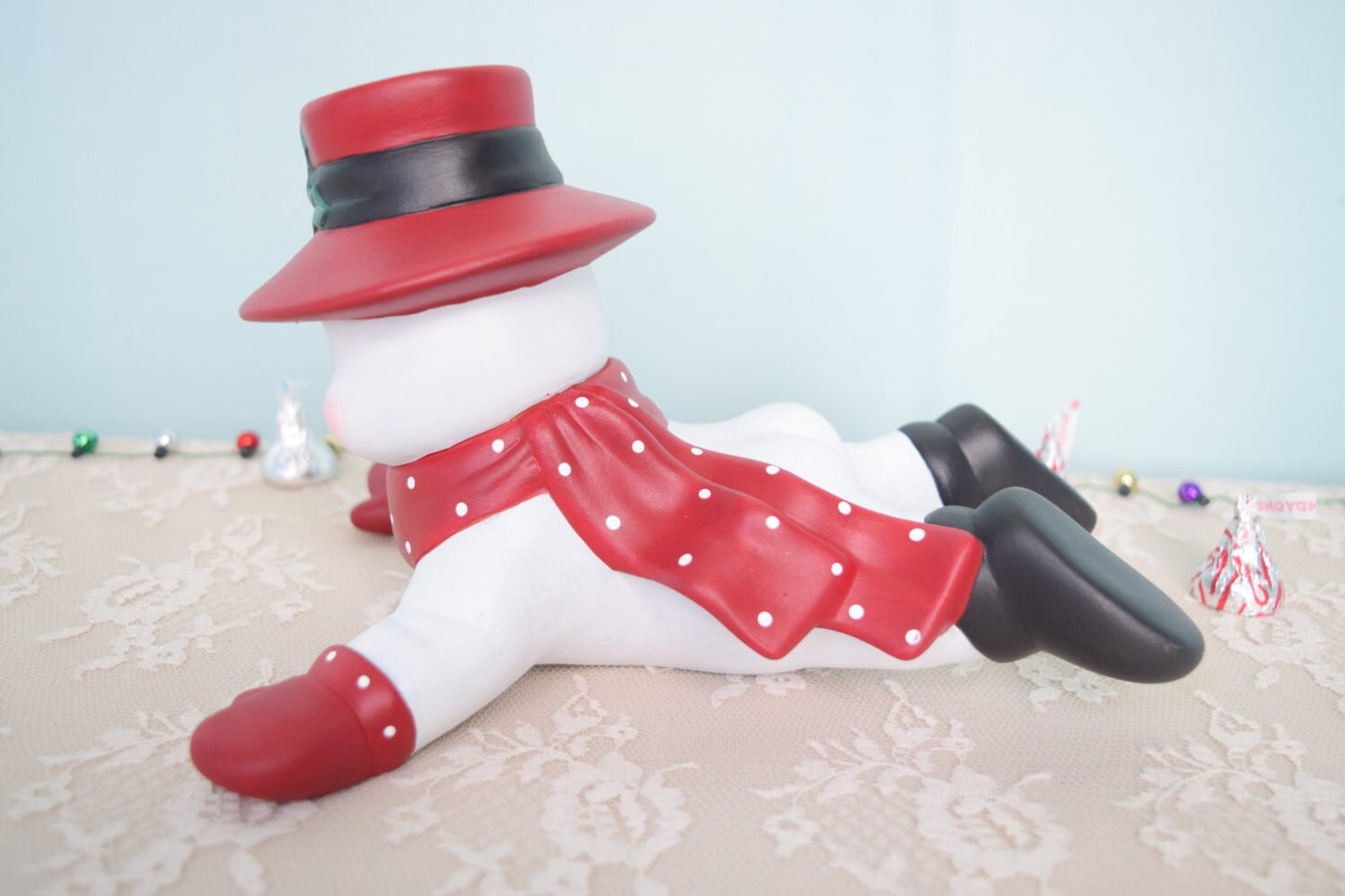 Snowman sliding on His Belly - Top Hat snowman - Red and white - Sledding - Gift idea - Cute Snowman