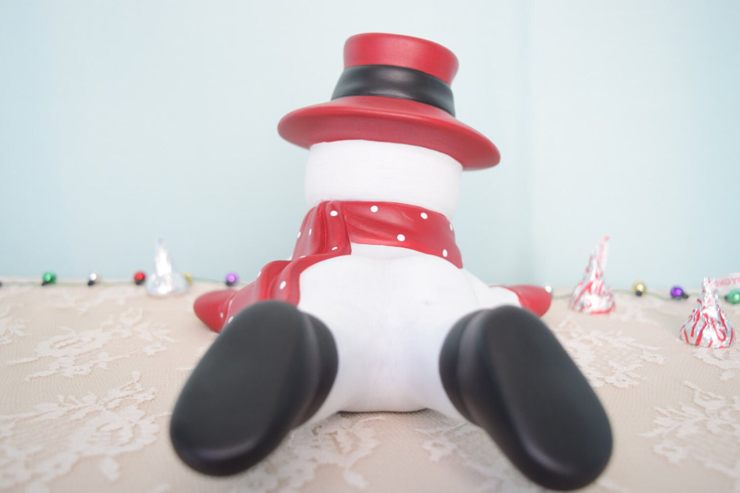 Snowman sliding on His Belly - Top Hat snowman - Red and white - Sledding - Gift idea - Cute Snowman