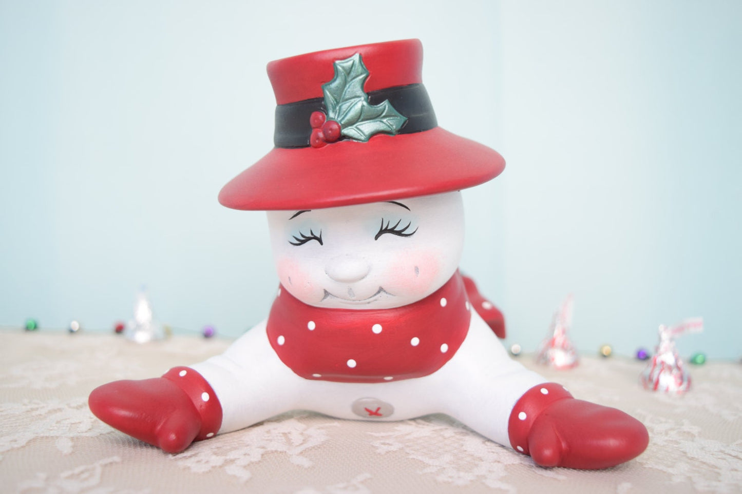 Snowman sliding on His Belly - Top Hat snowman - Red and white - Sledding - Gift idea - Cute Snowman