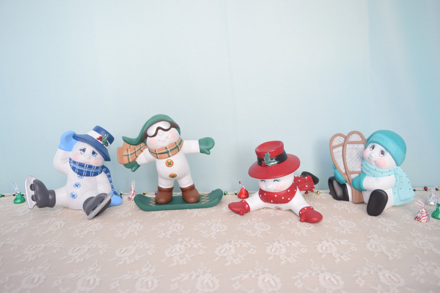 Snowman sliding on His Belly - Top Hat snowman - Red and white - Sledding - Gift idea - Cute Snowman - Teresa's Ceramics