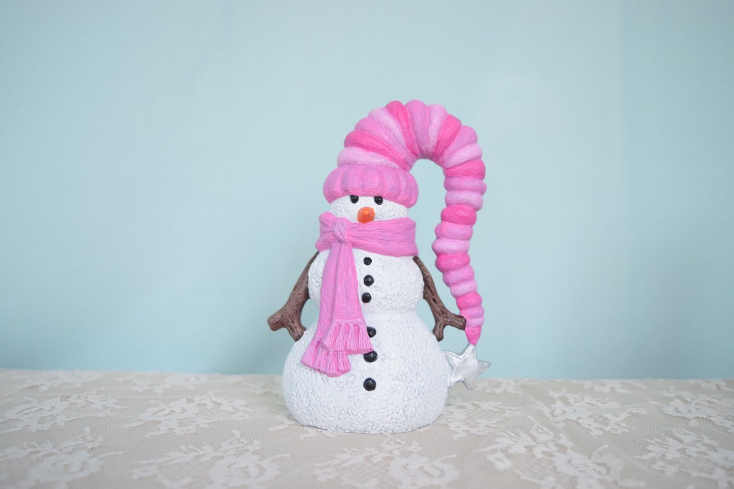 Ceramic Snowman with cute stocking hat - blue snowman - snowman with stick arms - snowman with scarf - cute snowman - Winter Decor