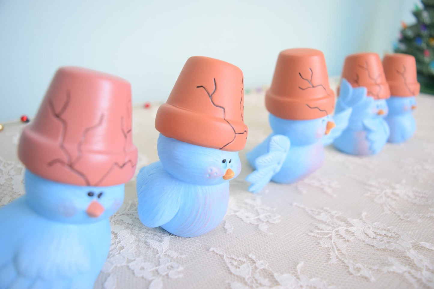 Whimsical Blue Ceramic Garden Birds with Flower Pots - Outdoor Decor, Stocking Stuffers, Miniature Art