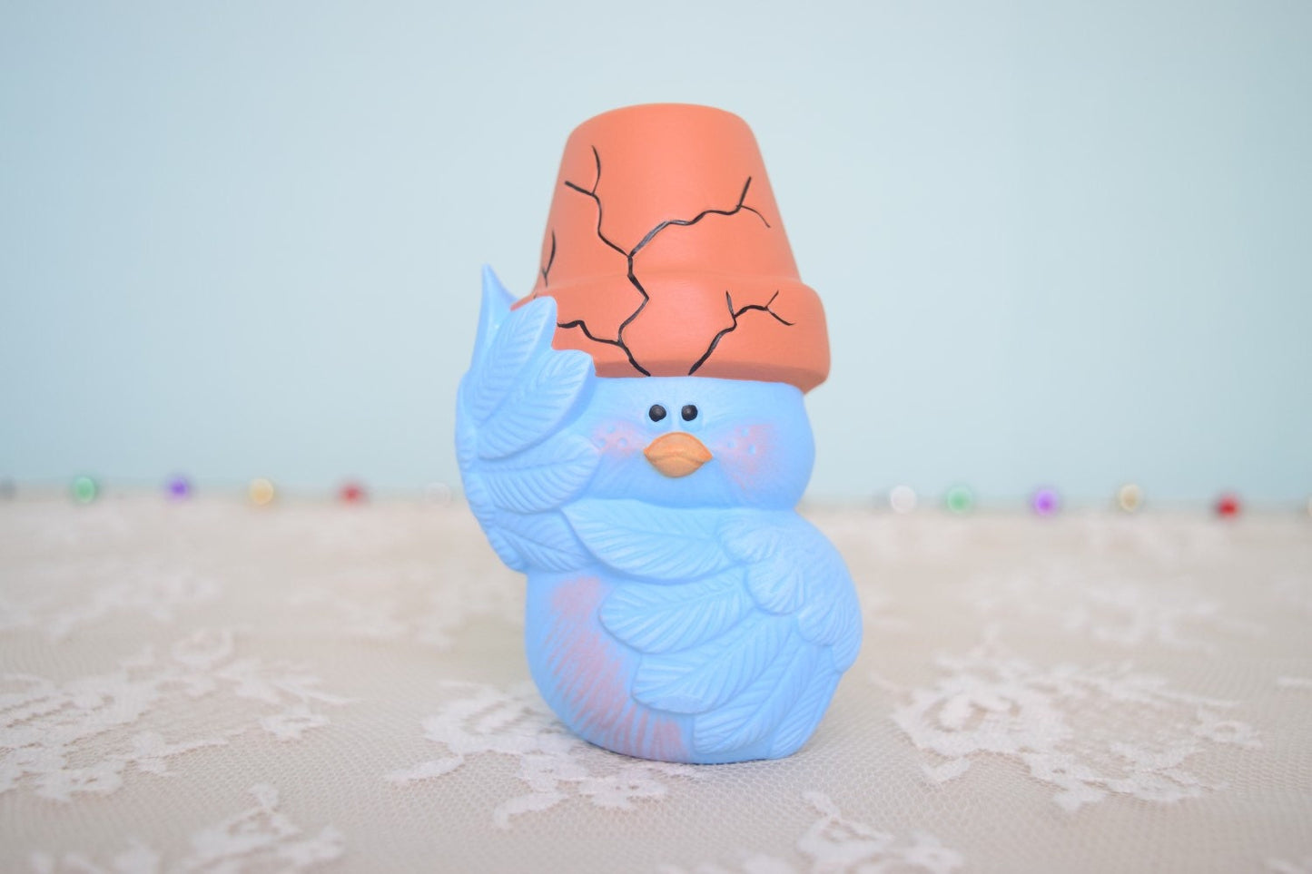 Whimsical Blue Ceramic Garden Birds with Flower Pots - Outdoor Decor, Stocking Stuffers, Miniature Art