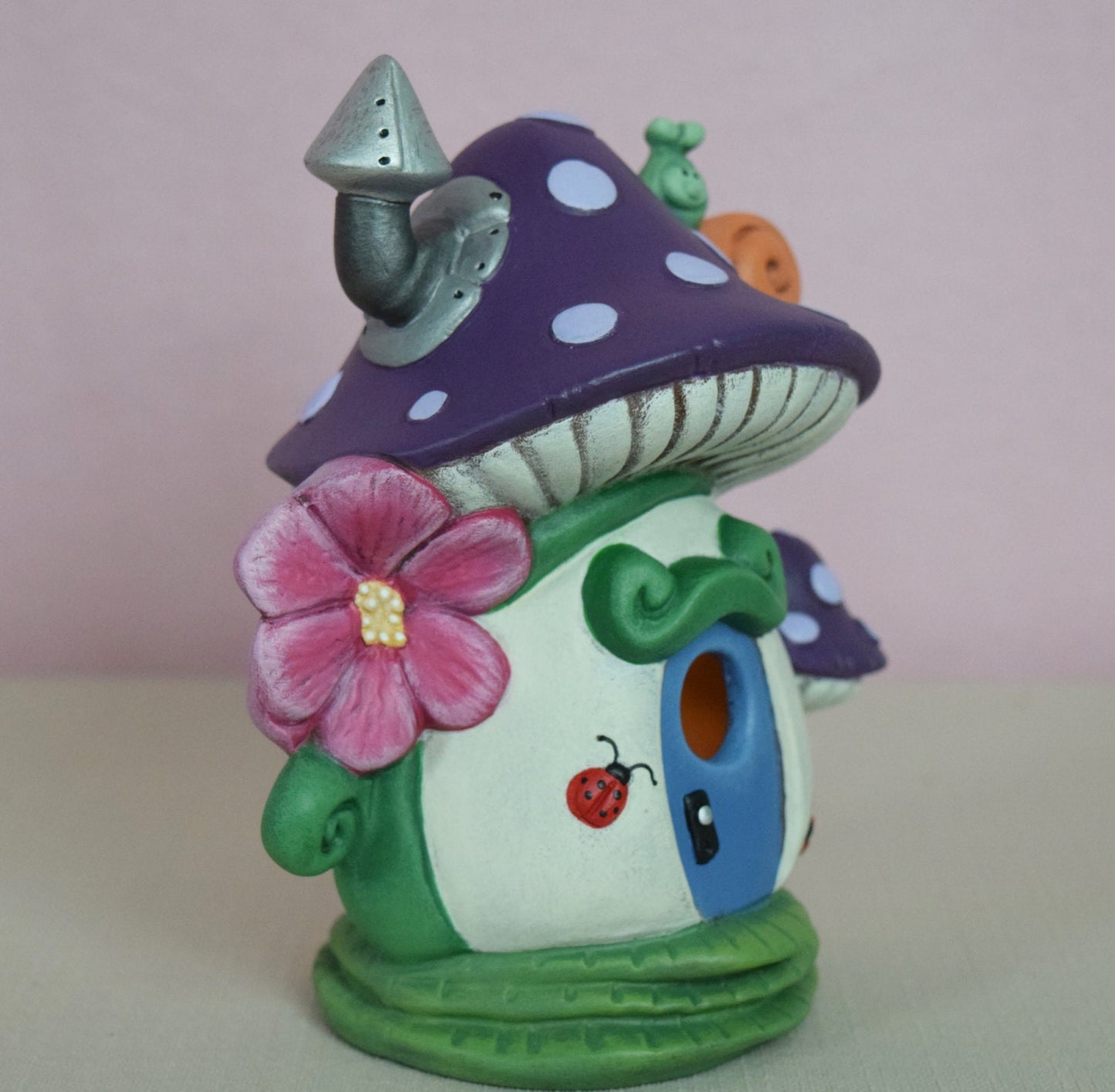Enchanting Polka Dot Mushroom Fairy House: Illuminated Purple Snail Garden Decor with Tea Light Holder