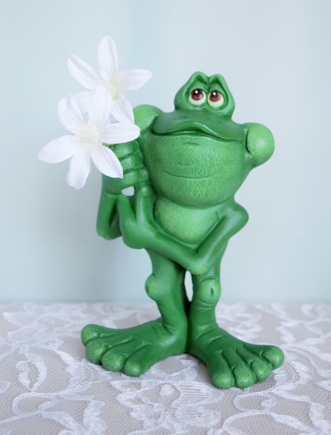 Ceramic Frog - Frog Holding Flower - Flower Frog - Spring Decor - Happy Frog - Silly Frog - Spring Flower Frog - Frog Flower holder