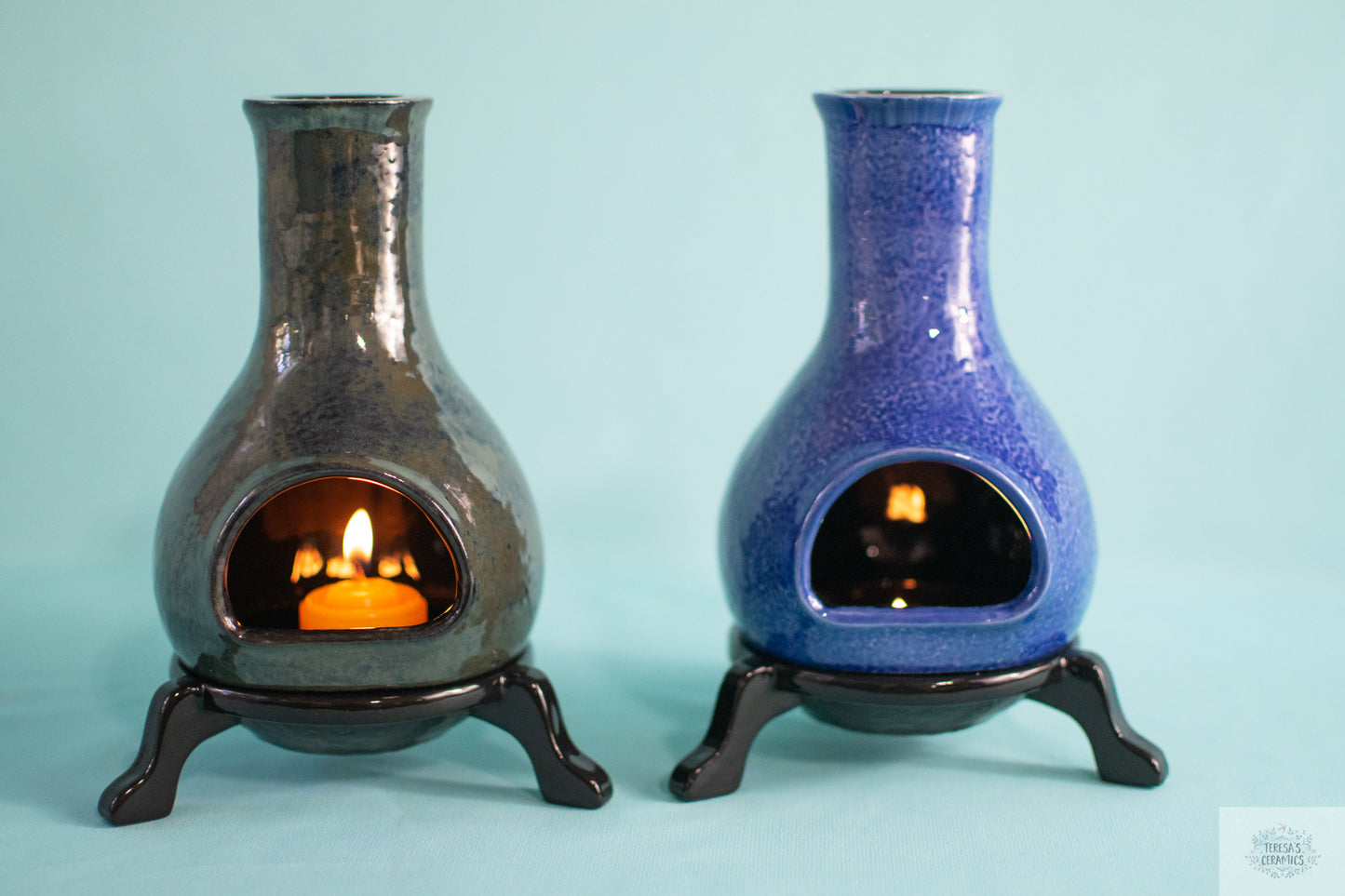 Ceramic Glazed Chimnea | Small Candle Holder | Boho Incense Holder | Mosaic Black & Blue | Choose Your Style | Rustic Garden Accent