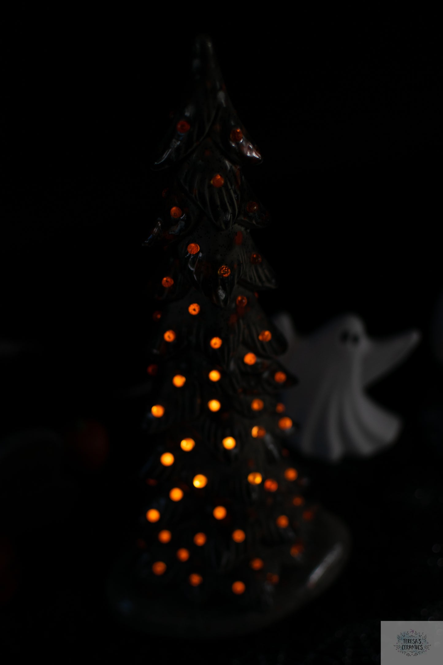 Harvest Ceramic Tree | Fall Night Light | Glazed Gray Wispy Pine | Halloween Tree Light