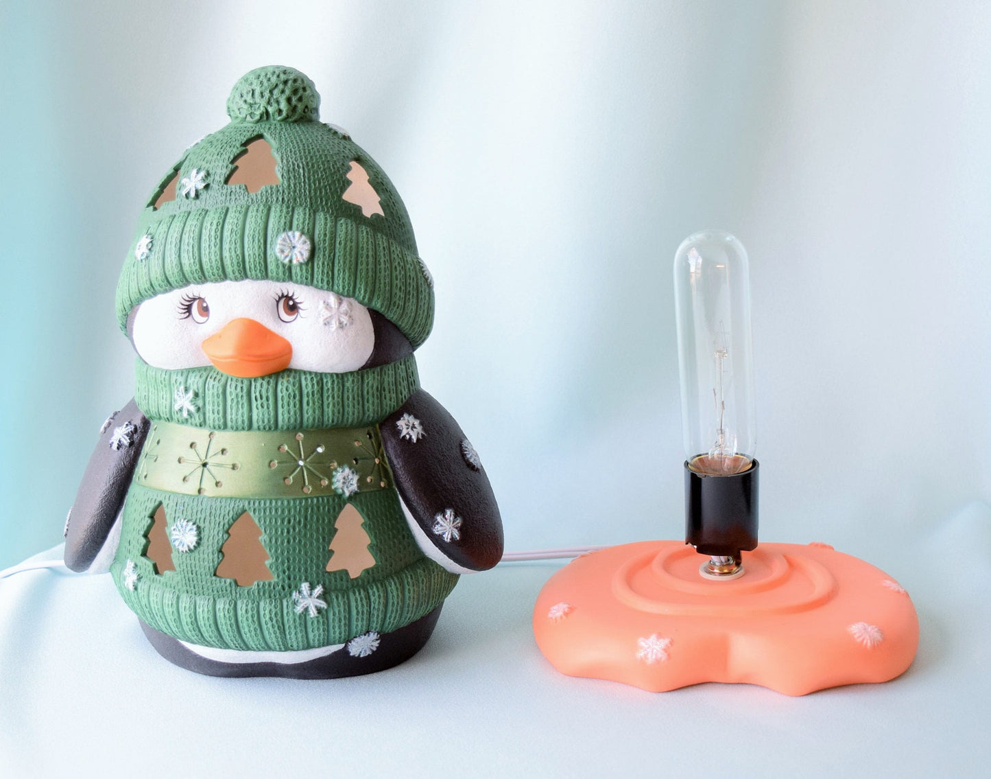 Do it Yourself Ceramic Penguin Night Light: Green Sweater Christmas Centerpiece - Winter Decor Gift - Bisque - UNFINISHED