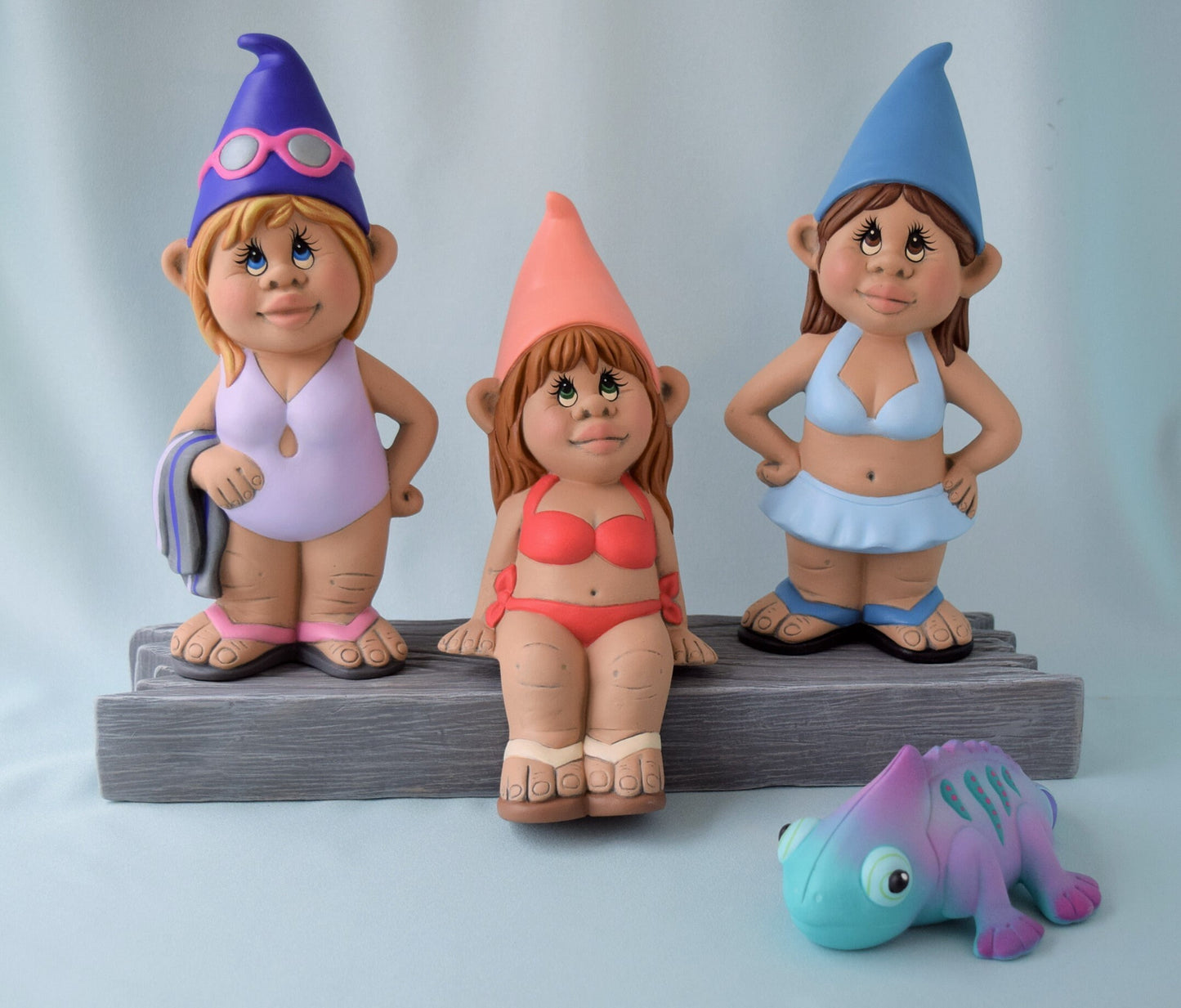 Girl Garden gnome -Tropical Beach Gnome - Wearing a Purple Bathing suit - Teresa's Ceramics