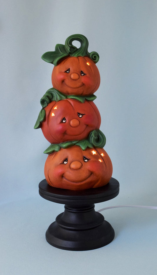 Illuminated Ceramic Pumpkin Stack: Charming Halloween & Fall Decor, Glowing Jack-o'-Lantern Pedestal