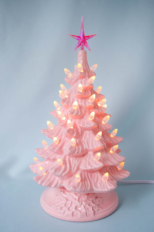 Retro Pink Ceramic Christmas Tree - 11 Inch Tabletop Holiday Decor, Nostalgic Vintage Mini Light-Up Ornament