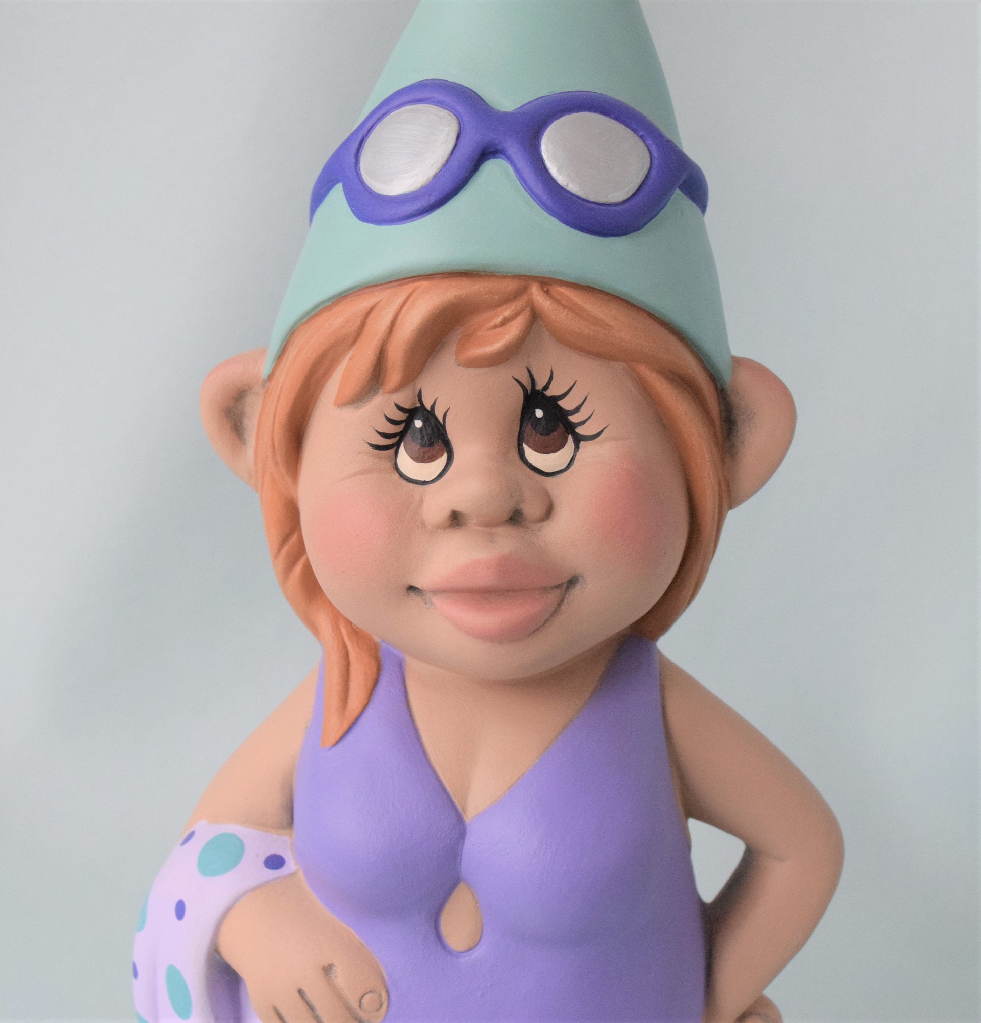Girl Garden gnome -Tropical Beach Gnome - Wearing a Purple Bathing suit - Teresa's Ceramics