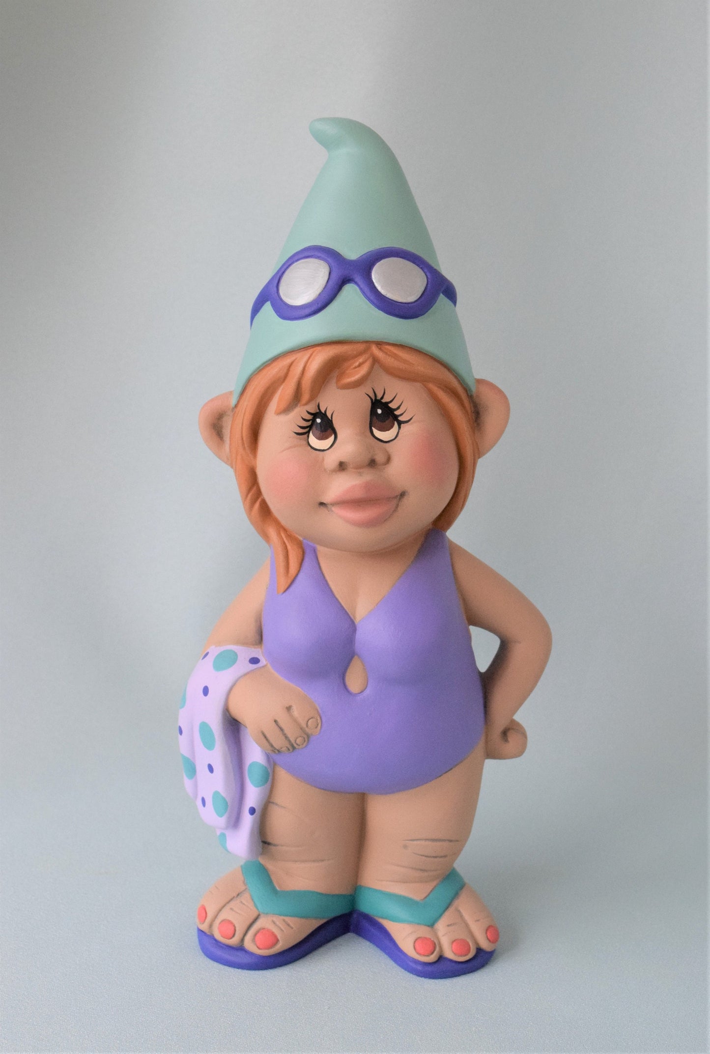 Girl Garden gnome -Tropical Beach Gnome - Wearing a Purple Bathing suit - Teresa's Ceramics
