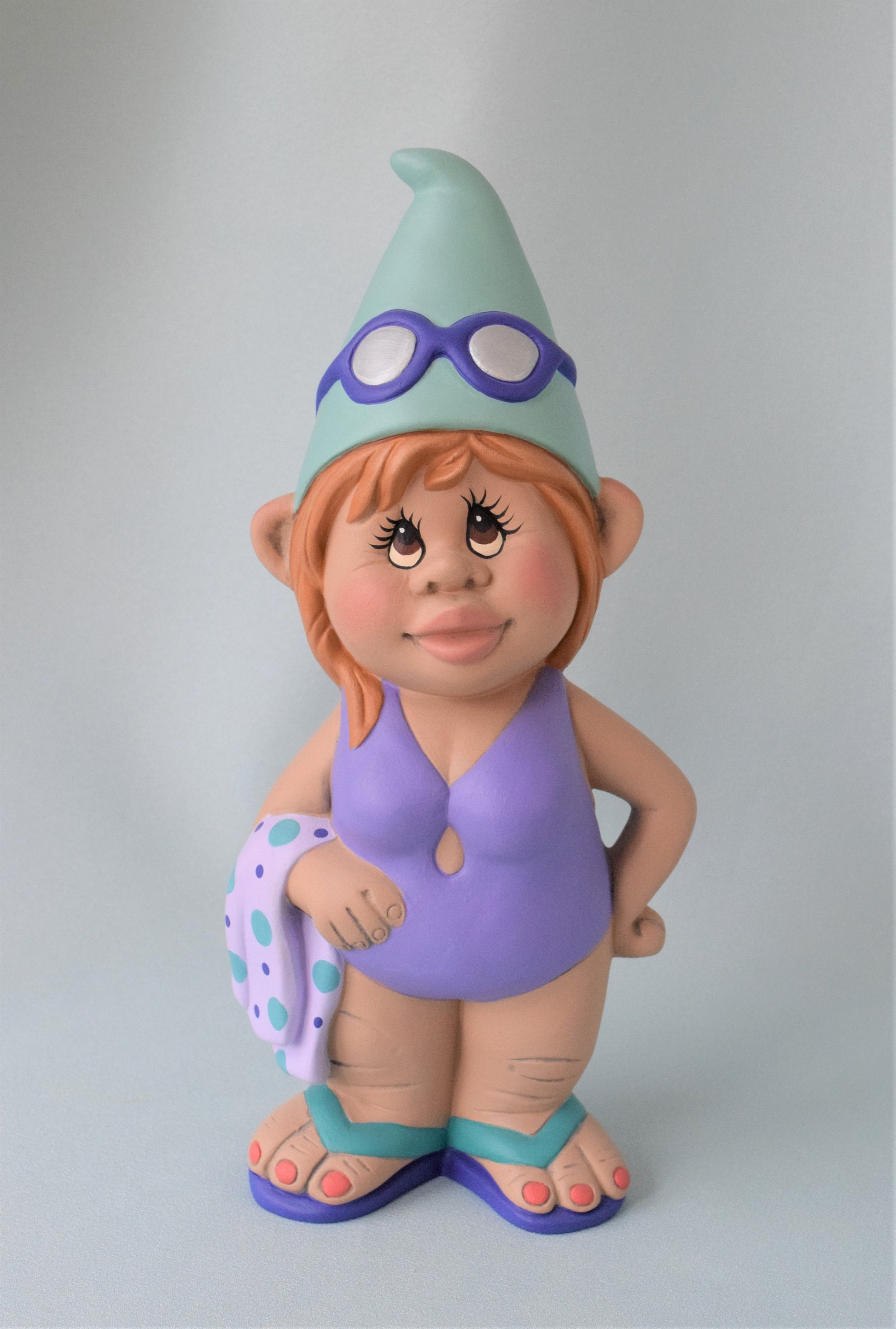 Girl Garden gnome -Tropical Beach Gnome - Wearing a Purple Bathing suit - Teresa's Ceramics
