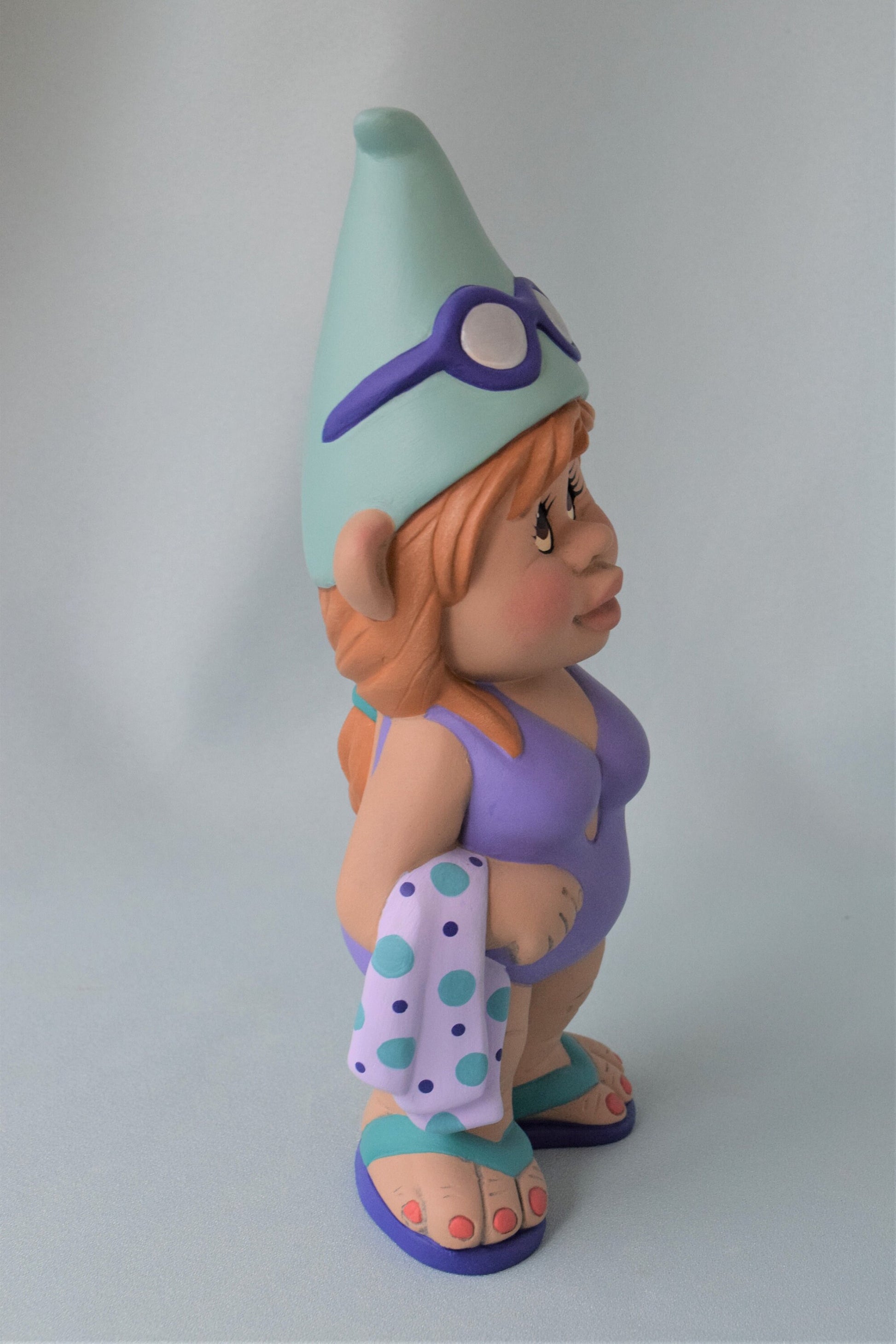 Girl Garden gnome -Tropical Beach Gnome - Wearing a Purple Bathing suit - Teresa's Ceramics