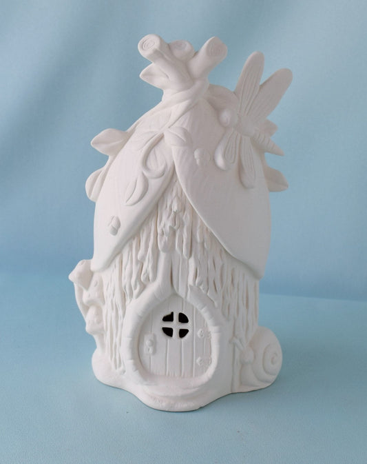 Unpainted Ceramic Fairy Houses Set: Dragonfly, Butterfly, Snail Mushroom - DIY Garden Art Project