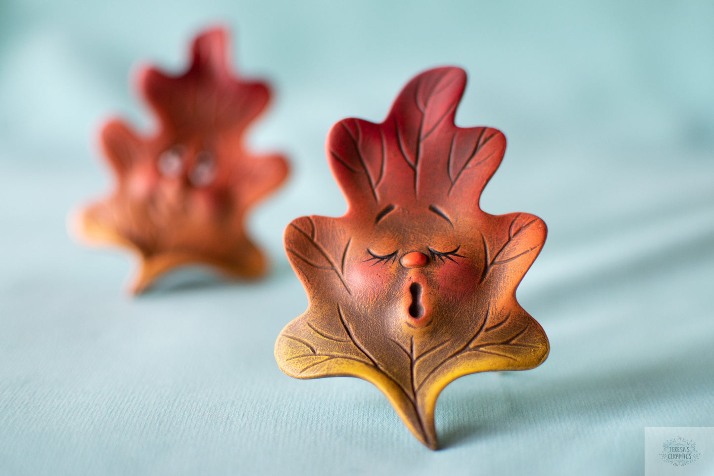 Ceramic Oak Leaf Pair: Autumn Entryway Decor, Fall Mantle Art, Halloween Party Gift Idea