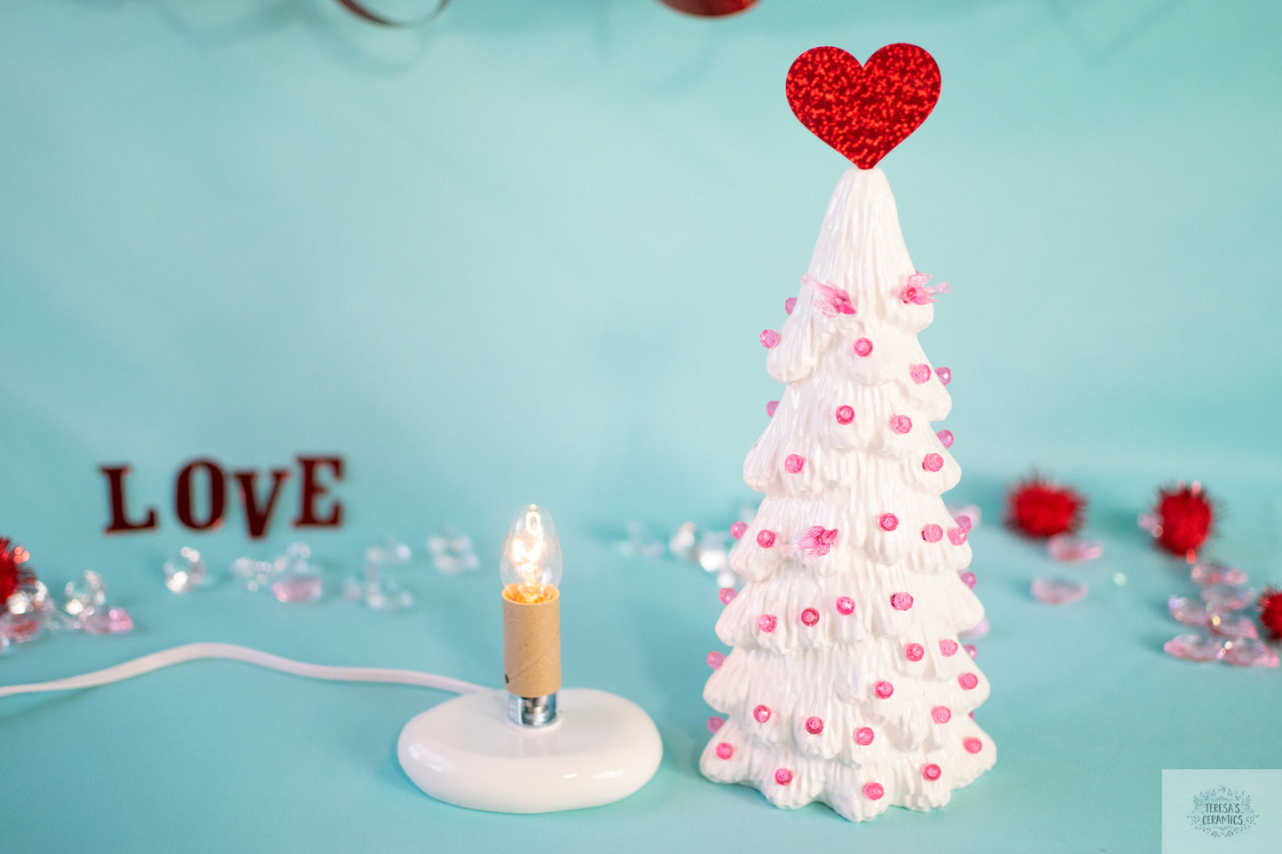 Ceramic White Tree | Cardinal Tree | Pink Bulb Ornaments | Valentine Tree