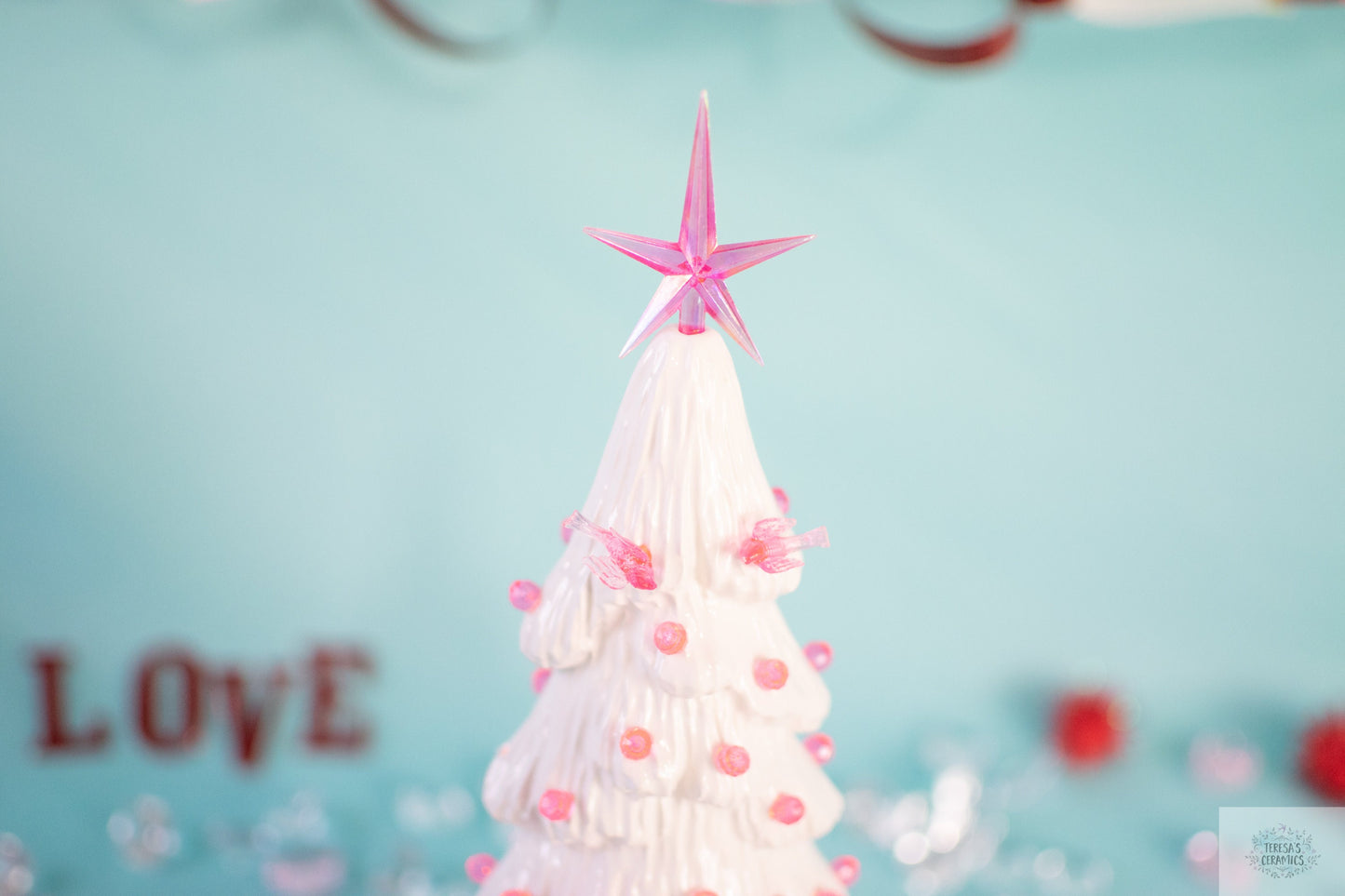 Ceramic White Tree | Cardinal Tree | Pink Bulb Ornaments | Valentine Tree