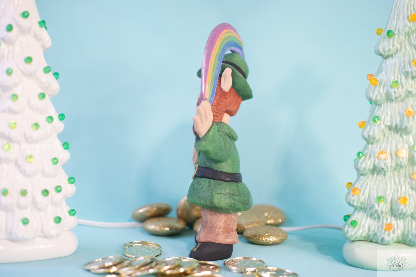 Leprechaun With Rainbow | St. Patrick's Day | Pipe Smoking Leprechaun | Vintage Ceramic Style
