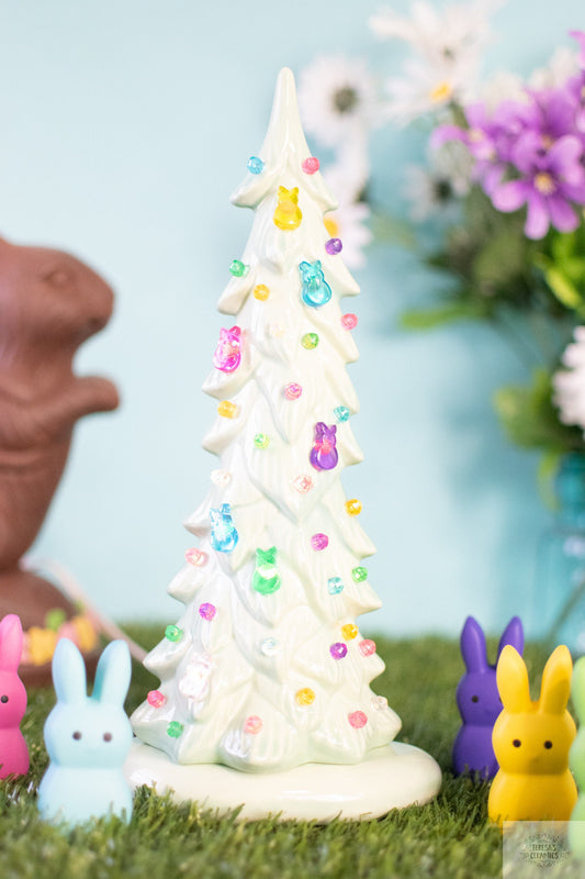 Handcrafted Mint Green Ceramic Easter Peep Tree with Multicolored Bunny Lights - Spring Holiday Decor