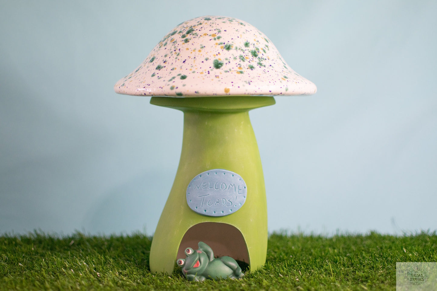 Toadstool Ceramic Mushroom  | Large Garden Statue | Speckled Green Fungi | Glazed Ceramic Art | Frog House | Yard Art | Magic Mushroom Art