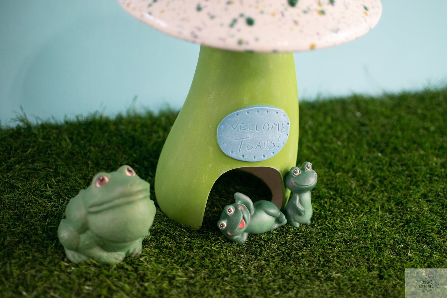 Toadstool Ceramic Mushroom  | Large Garden Statue | Speckled Green Fungi | Glazed Ceramic Art | Frog House | Yard Art | Magic Mushroom Art