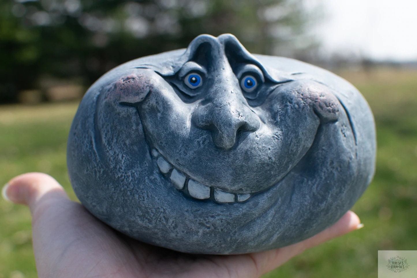 RESERVED for Ashley - Shipping for Beady the Rock: Whimsical Garden Decor | Unique Yard Art with Smirking Face - Teresa's Ceramics