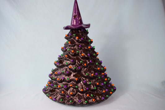 15" Glazed Ceramic Christmas Tree – Multicolored Pin Lights, Star Topper
