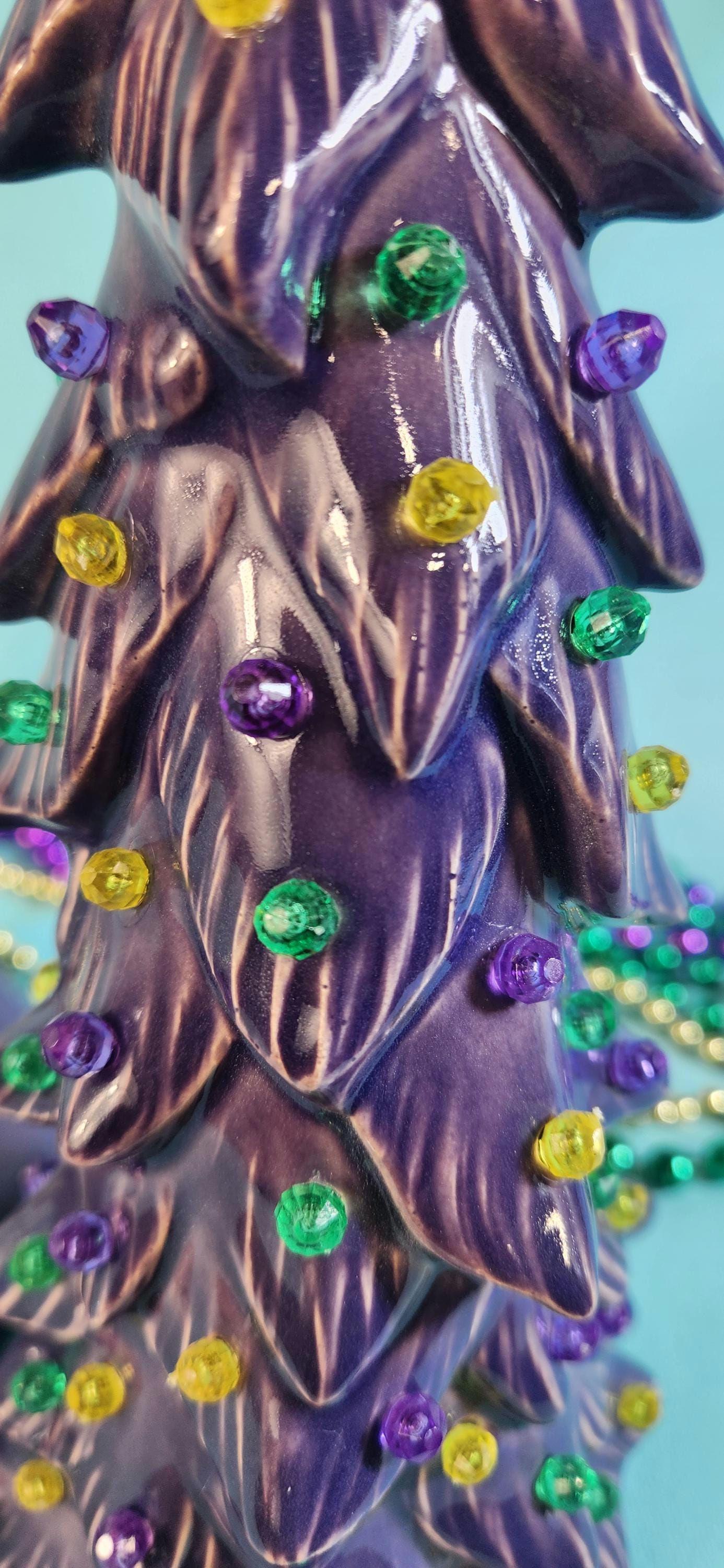 Mardis Gras Themed Ceramic Lighted Tree | Beautiful Wispy Style Pine | 3 Different Sizes - Teresa's Ceramics