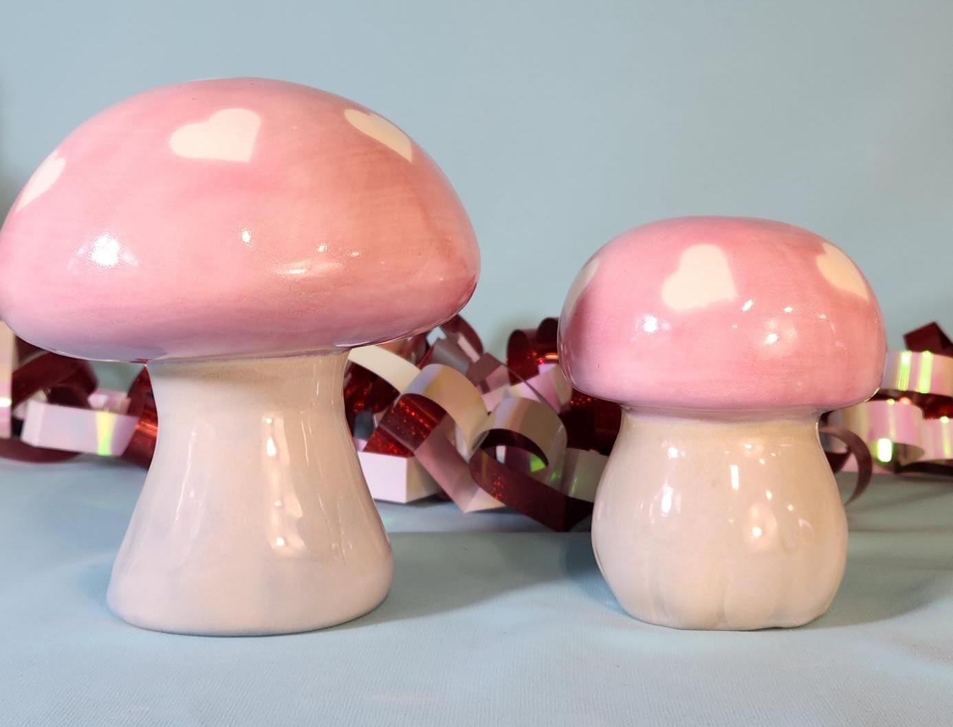 Handcrafted Pink Ceramic Mushroom Sculptures: Heart-Dotted Garden Decor & Whimsical Trippy Art