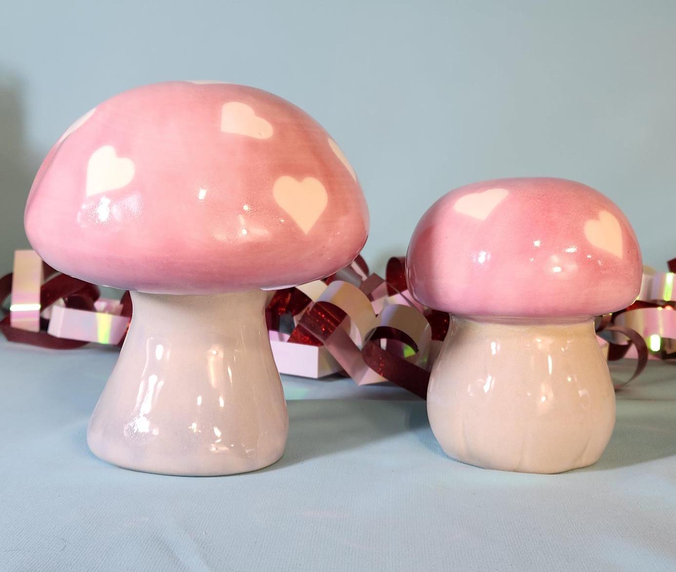 Handcrafted Pink Ceramic Mushroom Sculptures: Heart-Dotted Garden Decor & Whimsical Trippy Art