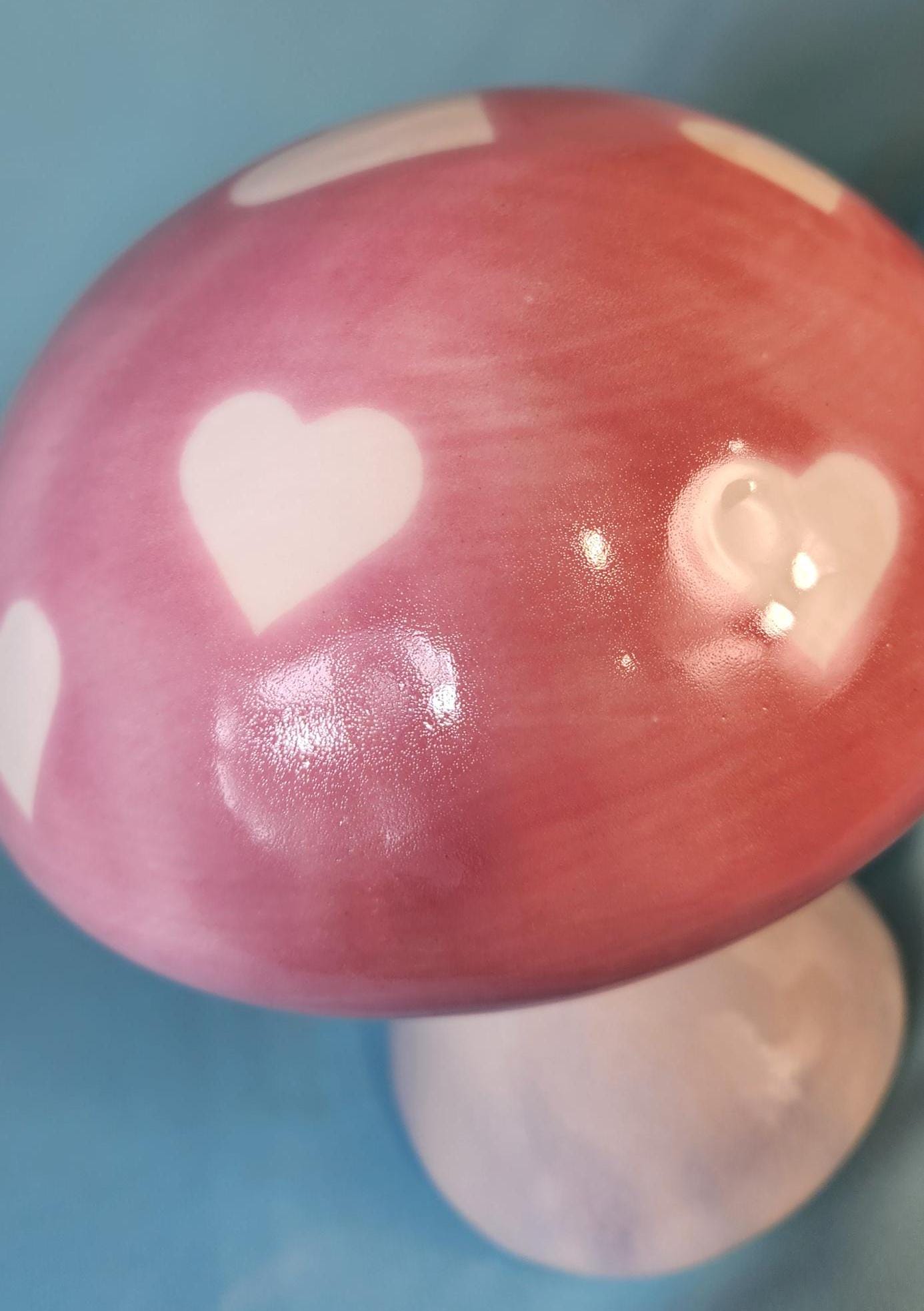 Handcrafted Pink Ceramic Mushroom Sculptures: Heart-Dotted Garden Decor & Whimsical Trippy Art