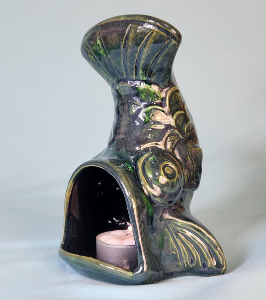 Handcrafted Fish-Shaped Chiminea: Tealight Incense Holder, Illuminated Ceramic Accent 3 Different Colors