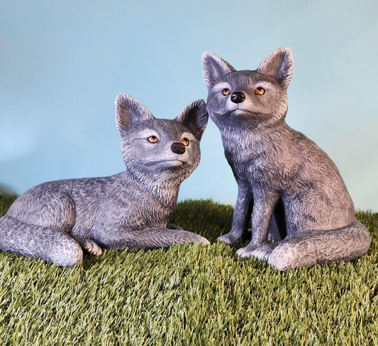 Lifelike Gray Woodland Fox Pair Sculpture - Handcrafted Forest Animal Figurines for Home Decor - Teresa's Ceramics