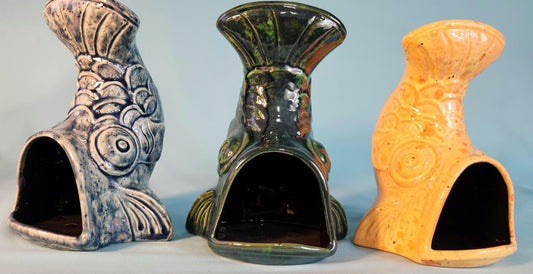 Handcrafted Fish-Shaped Chiminea: Tealight Incense Holder, Illuminated Ceramic Accent 3 Different Colors - Teresa's Ceramics
