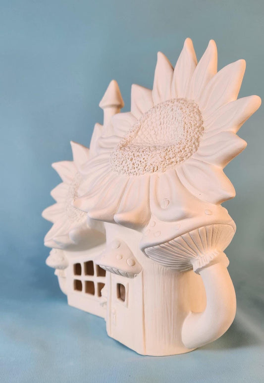 Unpainted Ceramic Sunflower Mushroom Fairy House - Handmade Garden Miniature Bisque Gift for Outdoor Decor